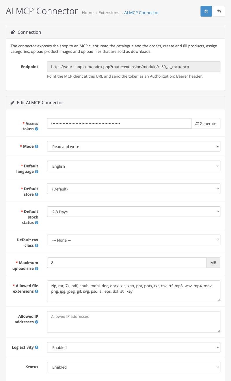 AI MCP Connector: настройки модуля в админке OpenCart