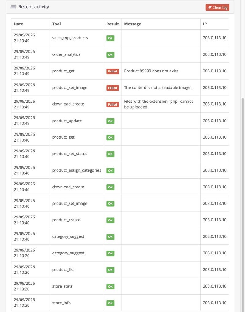 AI MCP Connector: журнал вызовов инструментов